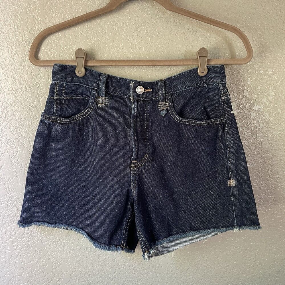 We The Free People Denim Shorts Womens 24 Dark Blue Raw Hem Mid Rise Button Fly